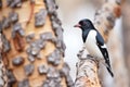 black and white woodpecker contrasted on cherry bark Royalty Free Stock Photo