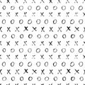 Black and white xo letters vector seamless pattern. Crosses and circles freehand charcoal drawings texture.