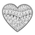 Black and white zentangle heart coloring page. Outline love pattern for antistress coloring book