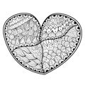 Black and white zentangle heart coloring page. Outline love pattern for antistress coloring book