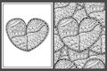 Black and white zentangle heart coloring pages set. Outline love pattern for antistress coloring book