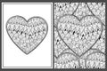 Black and white zentangle heart coloring pages set. Outline love pattern for coloring book.