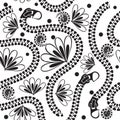 Black and white zippers vector seamless pattern. Ornamental floral background. Abstract repeat decorative backdrop. Hand drawn