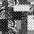 Black and whiye modern patchwork collage animal skin mixed with geometric pattern ,polka dots and stripe in seamless vector