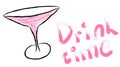 Black wide cocktail glass, margarita on leg with pink watercolor cocktail hand-drawn and beautiful writing time drink painted with