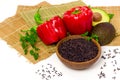 Black wild rice in wooden bowl and fresh vegetables Royalty Free Stock Photo