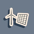 Black Wind mill turbines generating electricity and solar panel icon isolated on grey background. Energy alternative Royalty Free Stock Photo