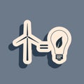 Black Wind turbine and light bulb with leaves as idea of eco-friendly source of energy icon isolated on grey background Royalty Free Stock Photo