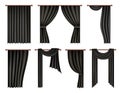 Black window curtain and drape mockup set, vector isolated illustration. Realistic hanging fluttering curtains.
