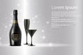 Black wine bottle with black wine glass on sparkling background Royalty Free Stock Photo