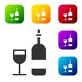 Black Wine bottle with glass icon isolated on white background. Set icons in color square buttons. Vector Illustration Royalty Free Stock Photo