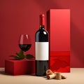 Black wine bottle mockup with empty blank label, crystal glass and box. Red wine concept Royalty Free Stock Photo