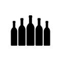 Black wine bottle silhouettes set. Vector illustration, drawing, clipart. Five bottles of wine together. Different sizes. Royalty Free Stock Photo