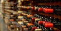 Black wine bottles lined up and stacked on shelves in a luxury private collection collectible wine store Royalty Free Stock Photo