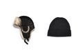 Black Winter knitted hat and hat with ears flaps mockups isolated on a white background. ar.