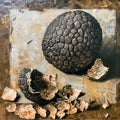 Black winter truffles and truffle cross section. The most famous of the truffles Royalty Free Stock Photo