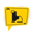 Black Winter warm boot icon isolated on white background. Waterproof rubber boot. Yellow speech bubble symbol. Vector Royalty Free Stock Photo
