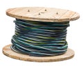 Black wire electric cable with wooden coil of electric cable