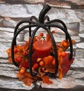 Black Wire Shaped Pumpkin Candle holder. With orange autumn leaves and berries