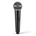 Black Wired Microphone with Silver Mesh Head and Green Indicator Light on White Background Royalty Free Stock Photo