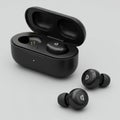 Black wireless earbuds displayed with an open charging case. The case is compact