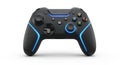 Black wireless gaming controller with blue directional pad isolated on white background for video game console accessories and Royalty Free Stock Photo