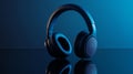 Black wireless headphones on reflective surface with blue background. Modern technology and music concept Royalty Free Stock Photo