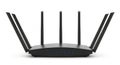 A black wireless router with four antennas and blue LED lights on a white background, showcasing modern networking technology and Royalty Free Stock Photo