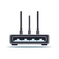 Black wireless router with three antennas provides internet access for multiple connected devices in homes and offices Royalty Free Stock Photo