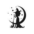 Black witch with broom and crescent in the night sky. Half moon and stars and hag in hat Royalty Free Stock Photo