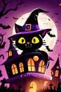 A black witch cat and the spooky house with flying bats and the moon light at a scary night, animal, cartoon, printable