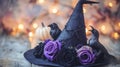 Black Witch Hat with Purple Roses and Ravens Royalty Free Stock Photo