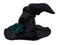 Black witch hat with a turquoise flower on a white background isolated 3d rendering