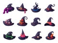 Black witch hats. Cartoon witches hat for halloween costume. Decorative magic caps, witching and wizard. Masquerade