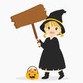 Black Witch Holding a Wooden Sign, Halloween Cartoon Vector Royalty Free Stock Photo