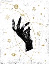 Black witch`s hand with cosmos illustration on white textured ba