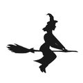 Black witch silhouette flying on magic broom vector cartoon character isolated on white background. Beautiful young