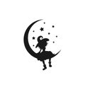 Black witch sits on the crescent in the night sky. Half moon and stars and hag in hat Royalty Free Stock Photo