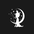 Black witch with stars and crescent in the night sky. Half moon and stars and hag in hat Royalty Free Stock Photo