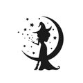 Black witch with stars and crescent in the night sky. Half moon and stars and hag in hat Royalty Free Stock Photo