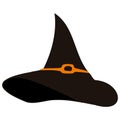 Black witches hat with orange buckle in cartoon flat style isolated on white background. Design element Royalty Free Stock Photo