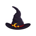 Black wizard hat with red ribbon. Vector illustration on white background. Royalty Free Stock Photo