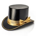 Black wizzard top hat with golden bow isolated on clean and white background Royalty Free Stock Photo