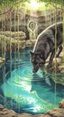 Black wolf drinks from a mystical, sunlit pool in a jungle cave surrounded by vines Royalty Free Stock Photo