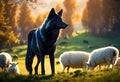 Black wolf among of a flock of sheep in a sunny autumn pasture near forest