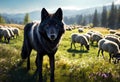 Black wolf in front of a flock of sheep in a sunny summer pasture near forest