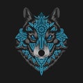 Black wolf head with blue helmet background