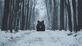 A black wolf in the middle of a snowy forest, AI Royalty Free Stock Photo