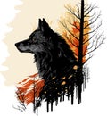 Black wolf in the red forest. Portrait Royalty Free Stock Photo