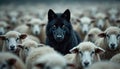 Black wolf stands among white sheep. Conceptual image about contrast, difference. Image black wolf surrounded by white sheep, Royalty Free Stock Photo